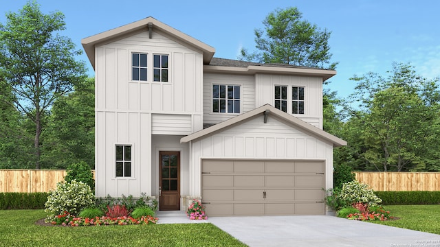 modern farmhouse style home featuring a garage, fence, board and batten siding, and concrete driveway