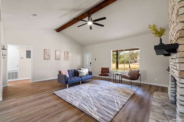 living room featuring ceiling fan, beamed ceiling, high vaulted ceiling, light hardwood / wood-style floors, and a fireplace