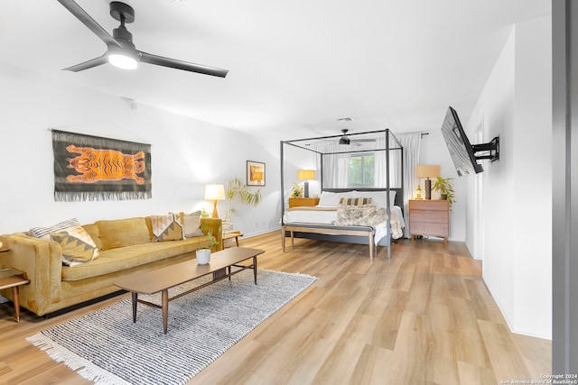 bedroom featuring ceiling fan and light wood-type flooring