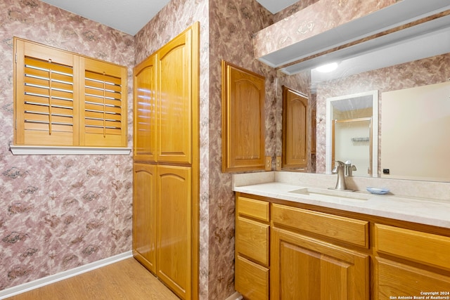 bathroom featuring hardwood / wood-style floors and vanity