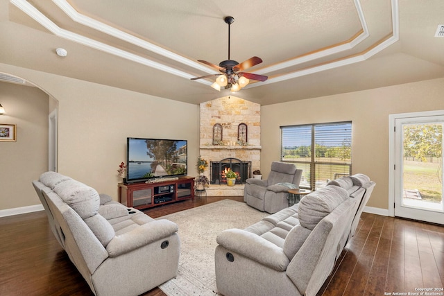 living room with a fireplace, dark hardwood / wood-style floors, a raised ceiling, and a healthy amount of sunlight