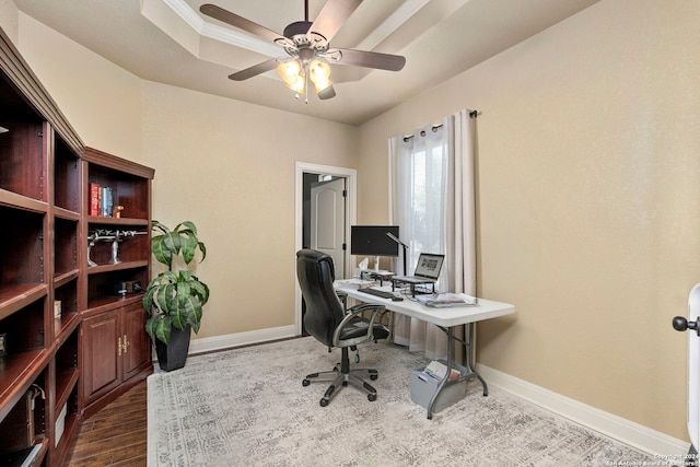 office area featuring hardwood / wood-style floors and ceiling fan