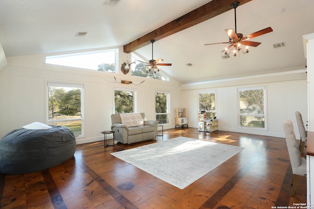 living room with ceiling fan, beamed ceiling, and high vaulted ceiling