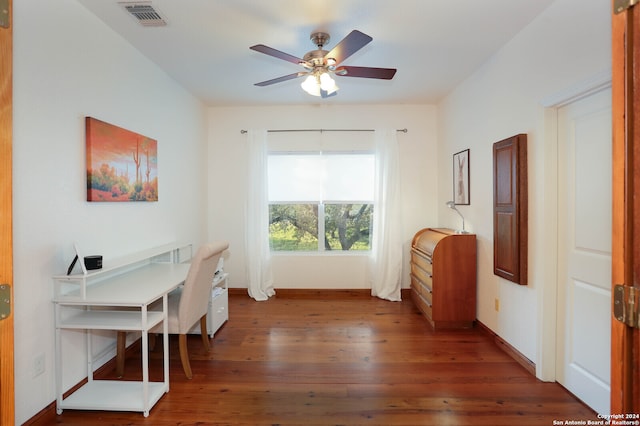 office area featuring dark hardwood / wood-style floors and ceiling fan