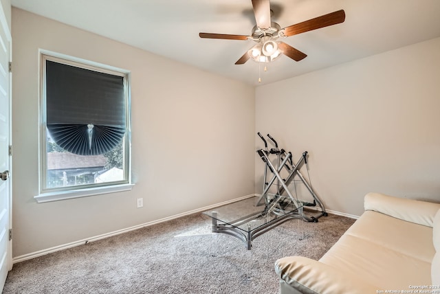 exercise room featuring carpet and ceiling fan