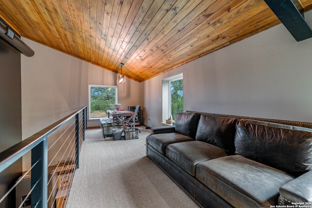 carpeted living room with lofted ceiling and wood ceiling