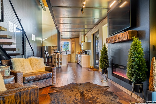 living room featuring hardwood / wood-style floors and track lighting