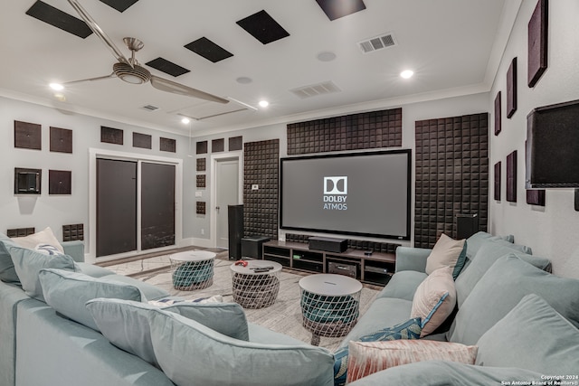 home theater with crown molding and ceiling fan