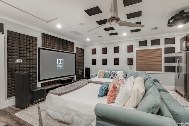 bedroom featuring hardwood / wood-style flooring, ceiling fan, stainless steel fridge, and ornamental molding