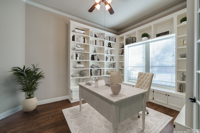 office area featuring dark hardwood / wood-style flooring, ceiling fan, and crown molding