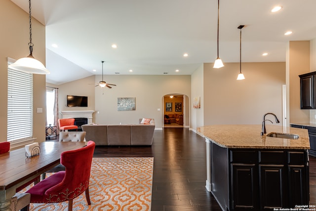 interior space featuring wood-type flooring, vaulted ceiling, ceiling fan, and sink