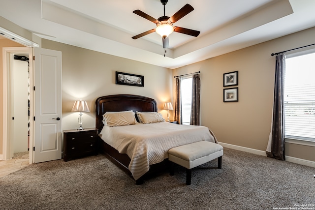 bedroom with a tray ceiling, ceiling fan, and carpet