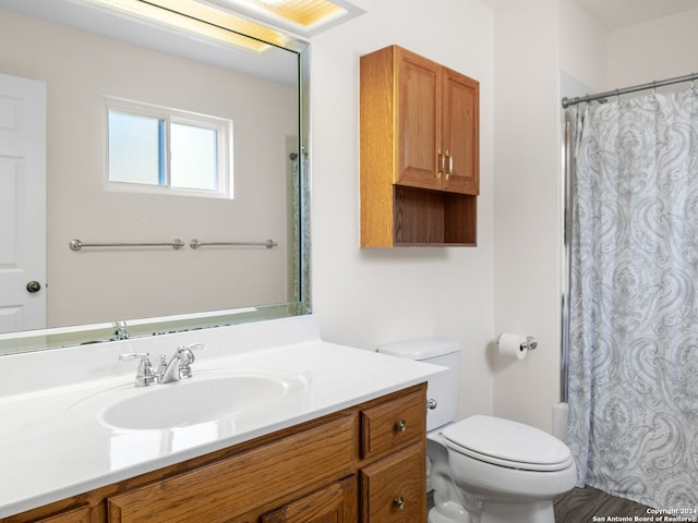 bathroom with curtained shower, vanity, and toilet