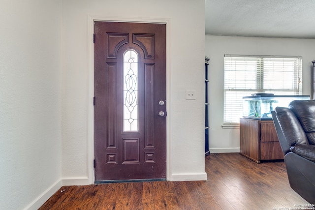 entryway with dark hardwood / wood-style flooring and a textured ceiling