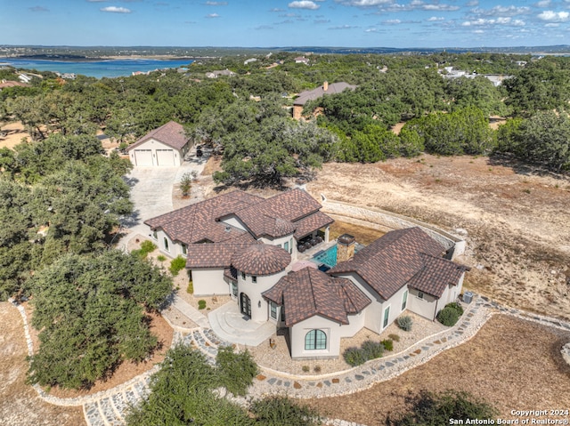 drone / aerial view featuring a water view