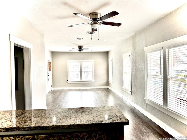 interior space with dark hardwood / wood-style flooring, ceiling fan, and plenty of natural light