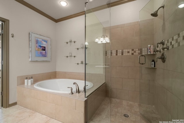 bathroom featuring tile patterned floors, crown molding, and plus walk in shower