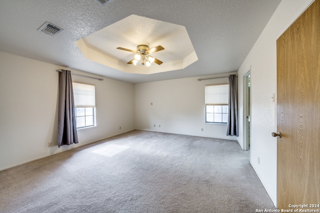 spare room featuring a tray ceiling, ceiling fan, plenty of natural light, and carpet floors