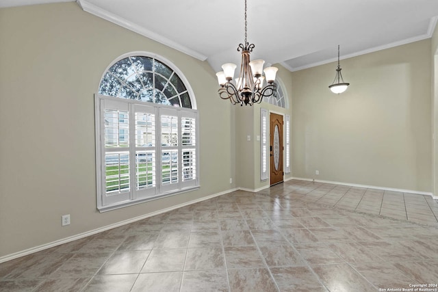 spare room featuring vaulted ceiling, an inviting chandelier, crown molding, and light tile patterned flooring