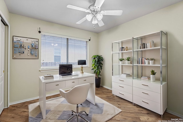 home office featuring ceiling fan and light hardwood / wood-style floors