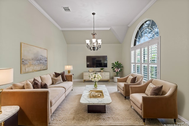 living room with a chandelier, vaulted ceiling, and ornamental molding