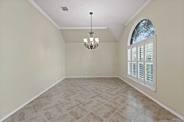 unfurnished room with a chandelier, lofted ceiling, and crown molding