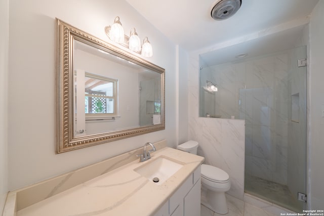 bathroom featuring toilet, an enclosed shower, and vanity