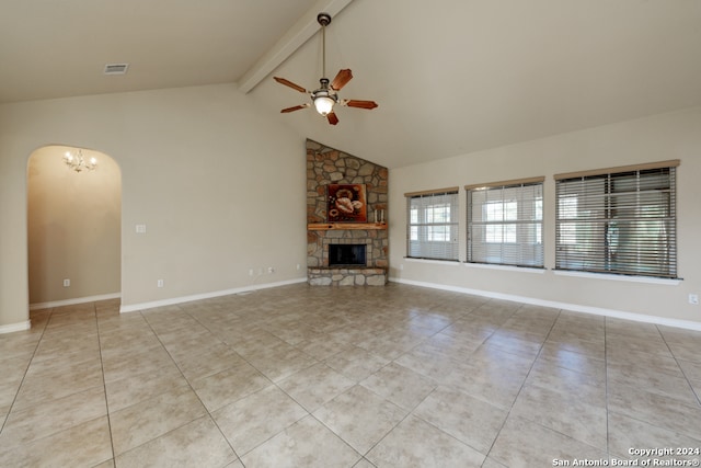 unfurnished living room featuring ceiling fan, a stone fireplace, beamed ceiling, high vaulted ceiling, and light tile patterned flooring