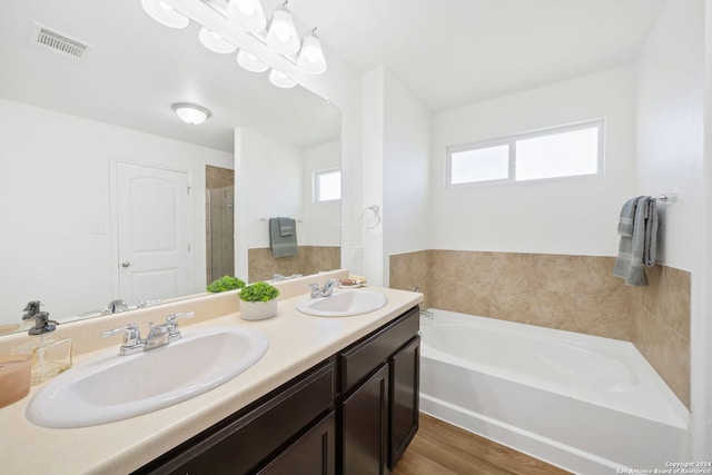 bathroom with vanity, wood-type flooring, and independent shower and bath