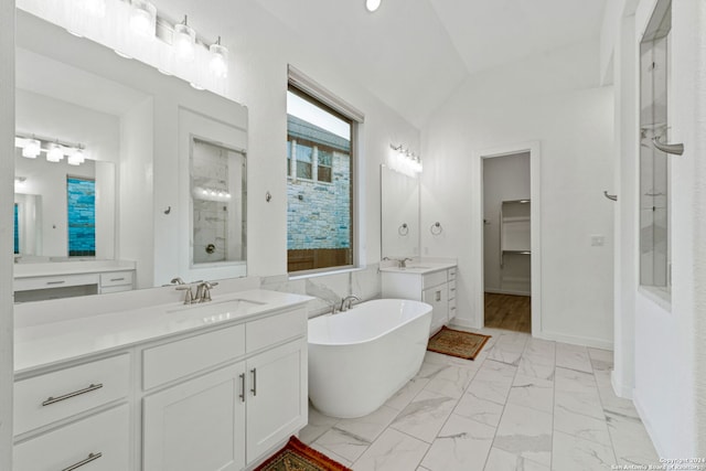 bathroom featuring vanity, plus walk in shower, and vaulted ceiling