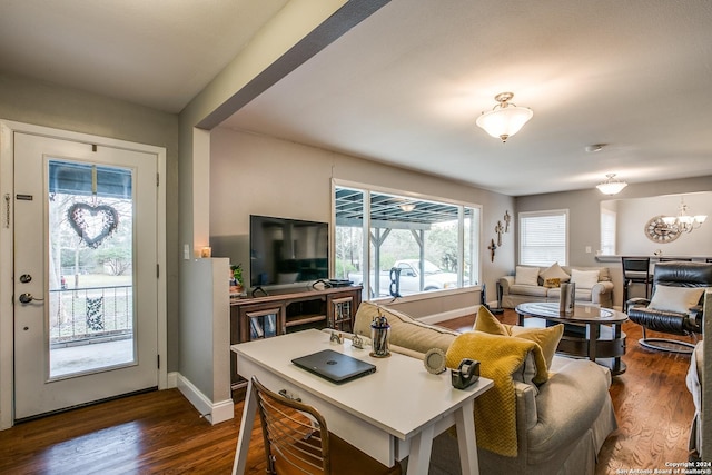 6531 Fox Run, San Antonio, TX 78233 - living room featuring dark wood-style floors and a chandelier