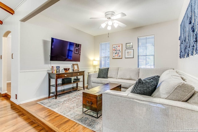 living room with ceiling fan and wood-type flooring