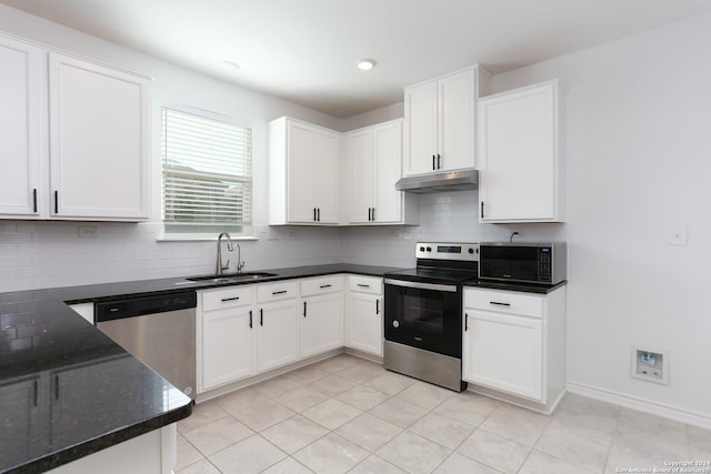 3254 Old Almonte Dr, San Antonio, TX 78224 - kitchen featuring appliances with stainless steel finishes, a sink, under cabinet range hood, backsplash, and white cabinets