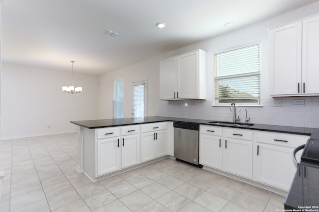 kitchen featuring kitchen peninsula, white cabinets, sink, dishwasher, and hanging light fixtures