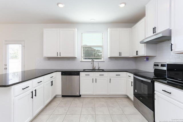3254 Old Almonte Dr, San Antonio, TX 78224 - kitchen with stainless steel appliances, under cabinet range hood, a sink, a peninsula, and healthy amount of natural light