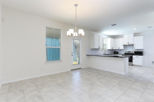 3254 Old Almonte Dr, San Antonio, TX 78224 - kitchen with stainless steel electric stove, dark countertops, a chandelier, a sink, and white cabinetry