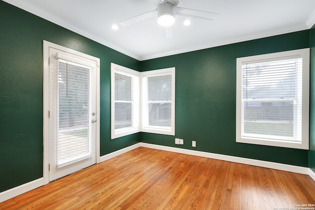 unfurnished room with light wood-type flooring, ceiling fan, and ornamental molding