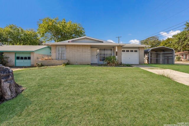 ranch-style home with a front lawn, a garage, and a carport