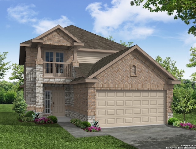 view of front of property featuring a front yard, a balcony, and a garage