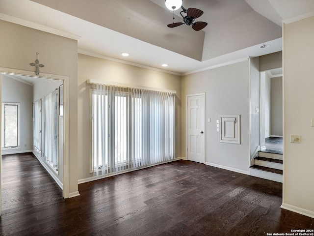 foyer entrance featuring ceiling fan, dark wood-type flooring, and ornamental molding