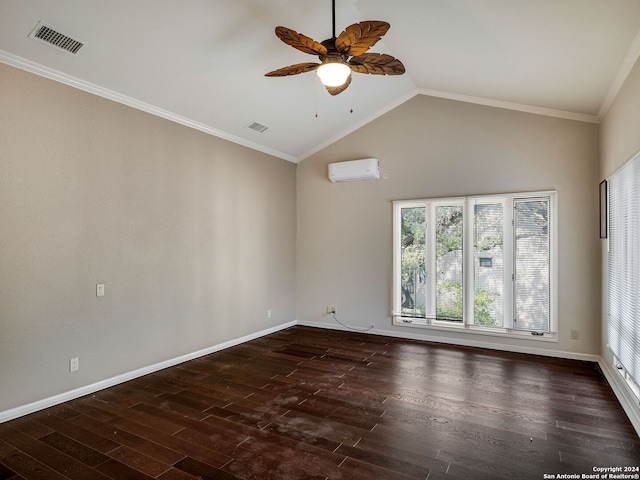 unfurnished room featuring a wall unit AC, ceiling fan, dark wood-type flooring, and ornamental molding