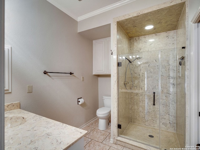 bathroom featuring vanity, crown molding, tile patterned flooring, toilet, and a shower with shower door