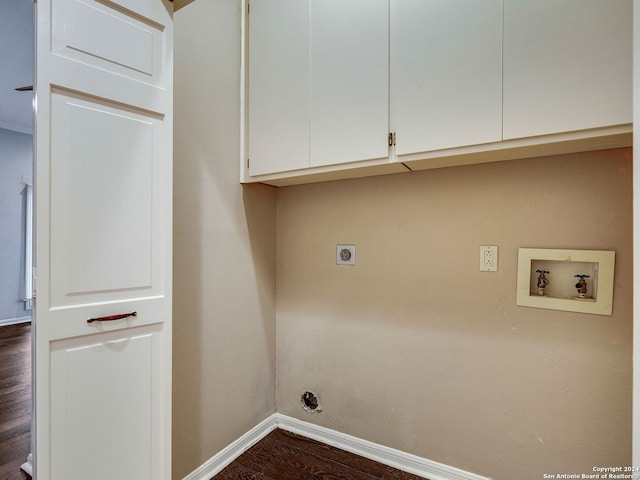 laundry area featuring hookup for an electric dryer, dark hardwood / wood-style flooring, cabinets, and hookup for a washing machine