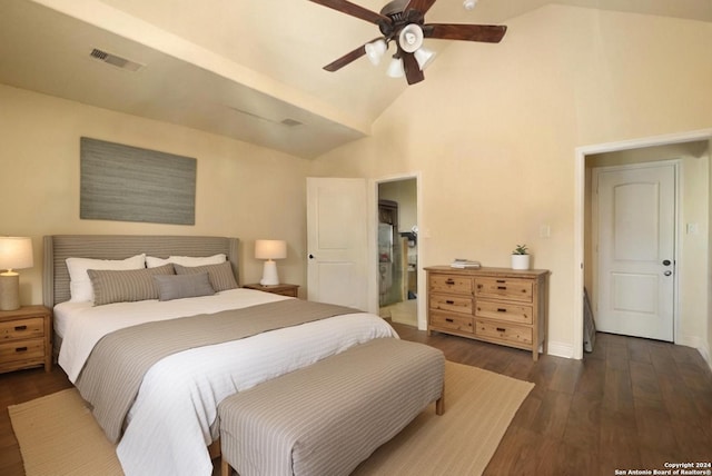 bedroom with ceiling fan, high vaulted ceiling, and dark hardwood / wood-style floors