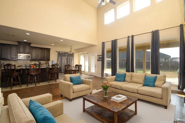 living room featuring light wood-type flooring, a towering ceiling, and a wealth of natural light