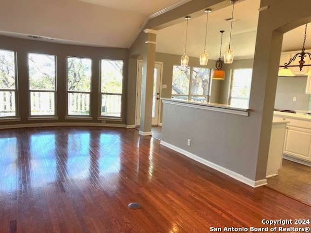 interior space with lofted ceiling, plenty of natural light, and dark wood-type flooring