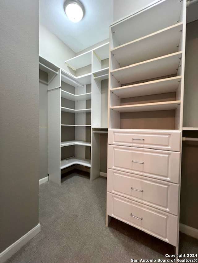 walk in closet featuring dark carpet