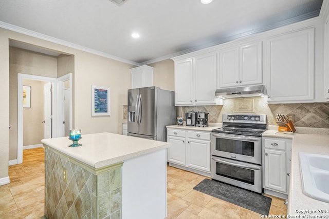 kitchen featuring decorative backsplash, ornamental molding, stainless steel appliances, a center island, and white cabinetry