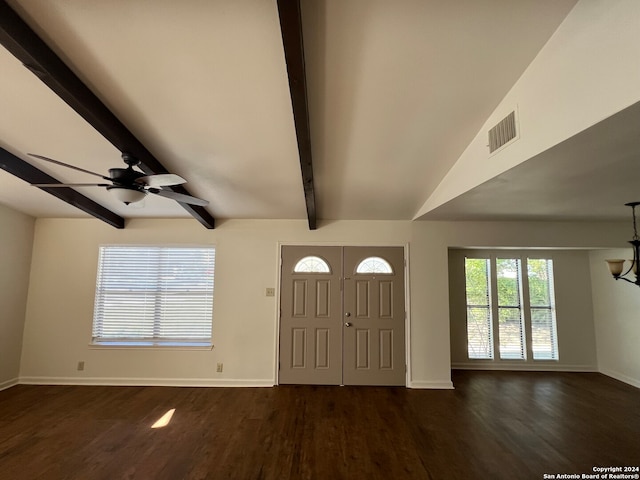 foyer entrance featuring vaulted ceiling with beams, dark hardwood / wood-style flooring, and ceiling fan