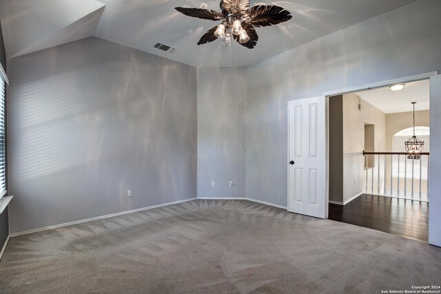 268 Fawn Rdg, Cibolo, TX 78108 - spare room featuring carpet flooring, ceiling fan, a chandelier, baseboards, and lofted ceiling